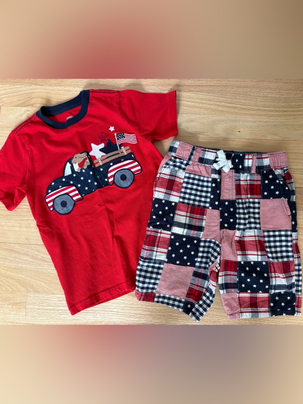 Gymboree Red and Navy Patriotic Truck Tee with Patchwork Shorts